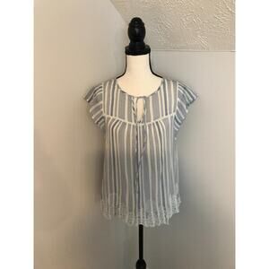 Anthropologie Vanessa Virginia Embroidered Hem Blue Stripe Blouse